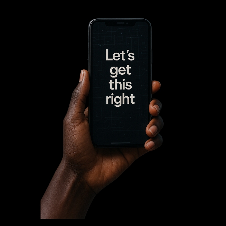 A hand holding a smartphone with the text 'Let's get this right'
